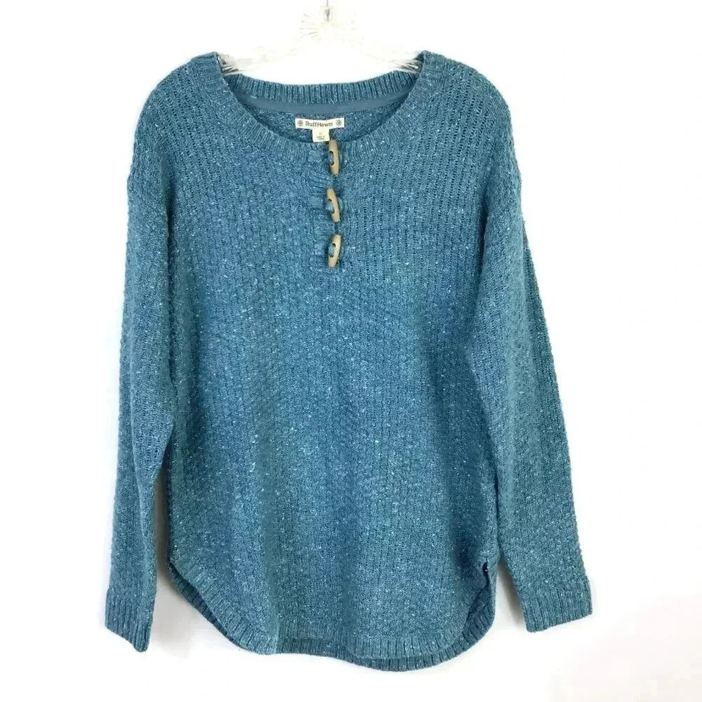 Womens Ruff Hewn Blue Gulfstream Sweater S Toggle Button Closure Shirttail Hem